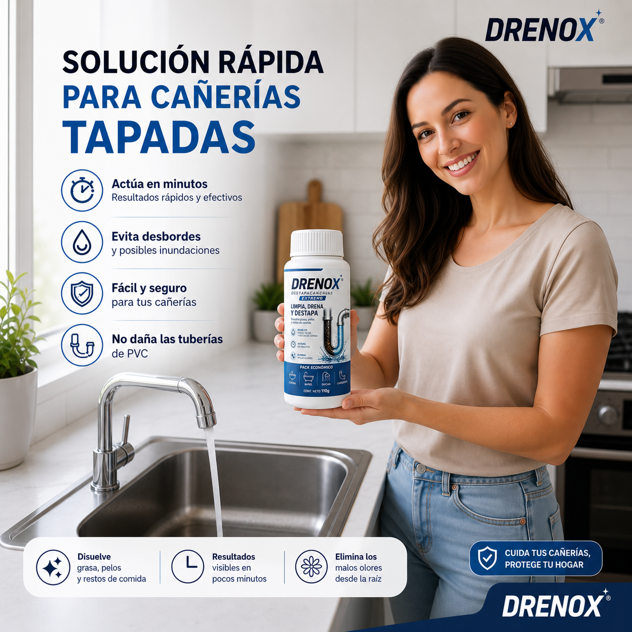 DRENOX® Destapacañerías  – Eliminá obstrucciones en Minutos