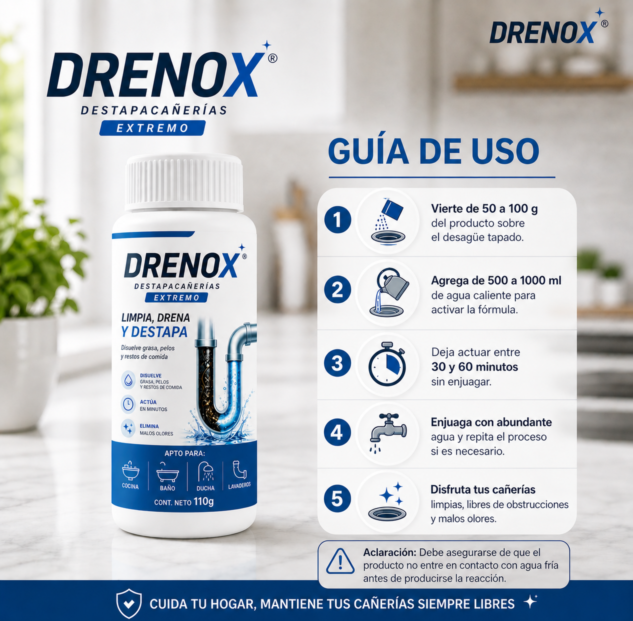 DRENOX® Destapacañerías  – Eliminá obstrucciones en Minutos