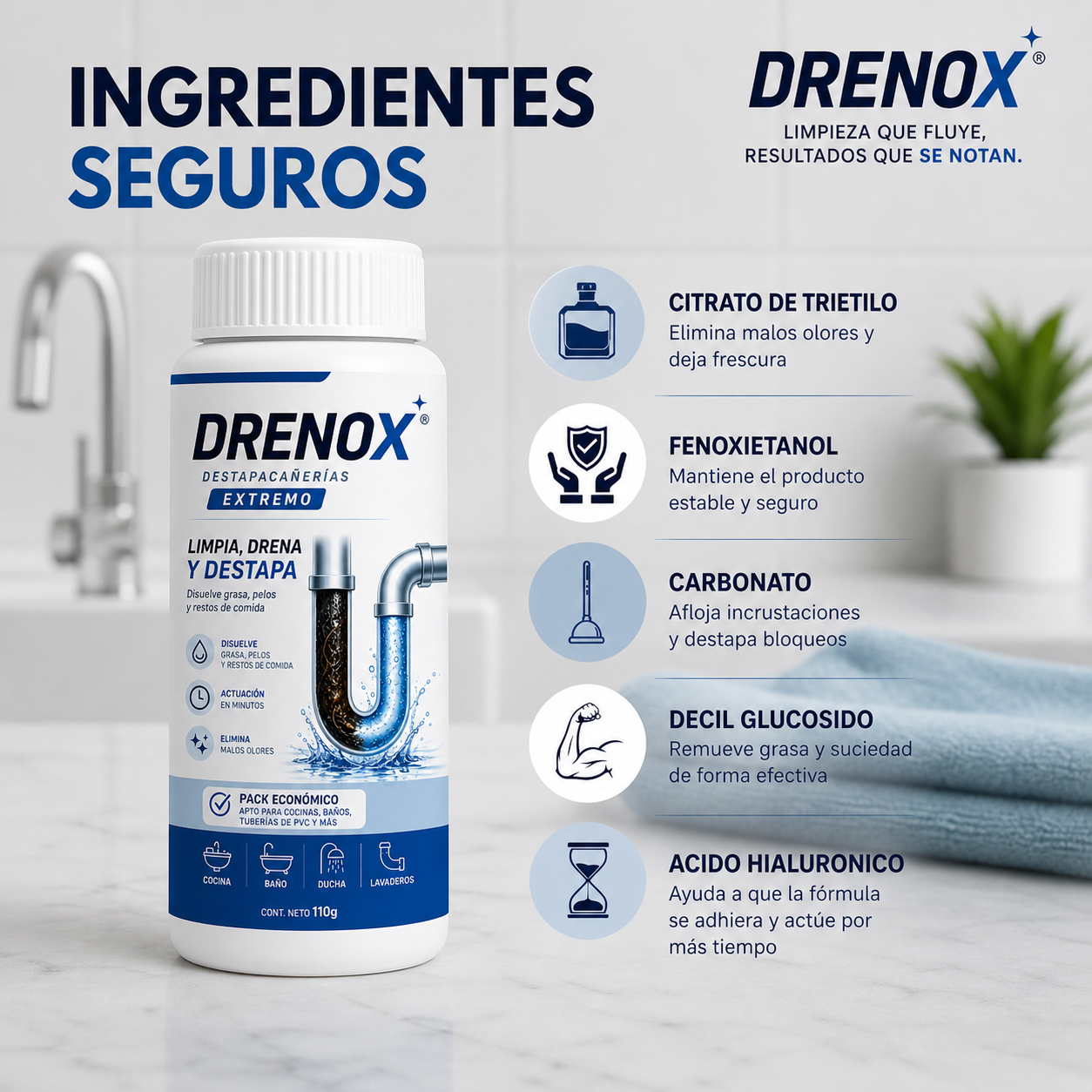 DRENOX® Destapacañerías  – Eliminá obstrucciones en Minutos